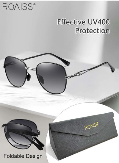 اشتري Women's Polarized Square Sunglasses, UV400 Protection Sun Glasses with Foldable Design, Fashion Anti-glare Sun Shades for Women with Glasses Case, 57mm, Black Silver في الامارات