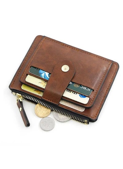 Buy Leather Card Holder Wallet With Zipper Brown in UAE