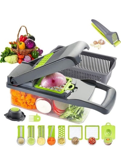 Buy Vegetable Chopper 12 in 1 Veggie Spiralizer Food Slicer Onion Chopper Potato Dicer Cutter Cheese Grater with Large Container Drain Basket for Kitchen Tomato with Garlic Crush Press Chopper in UAE