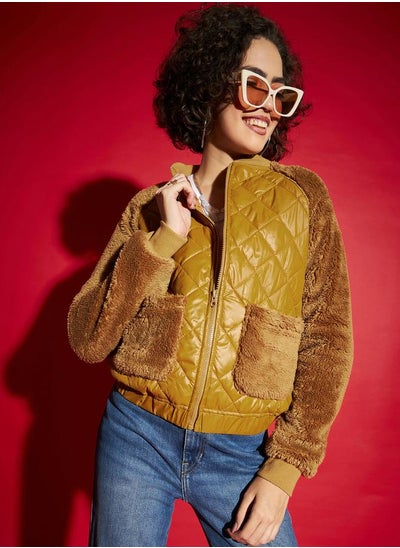 Buy Faux Fur Detail Bomber Jacket with Pockets in Saudi Arabia