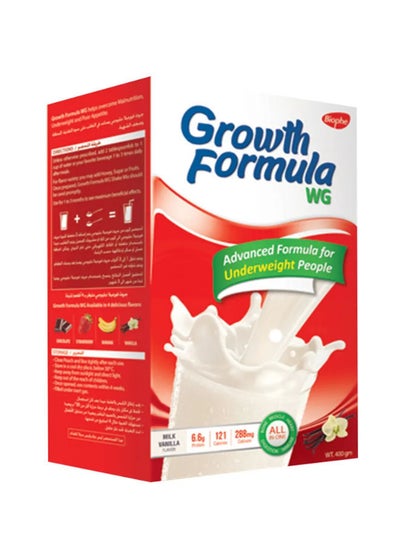 اشتري جروث فورميلا دبليو جي مكمل غذائي لتغذية متوازنة، يساعد على التخلص من نقص الوزن و النحافة لعمر 13-50 سنة - 6.6 جرام بروتين - 400 جرام - بطعم الفانيليا في مصر