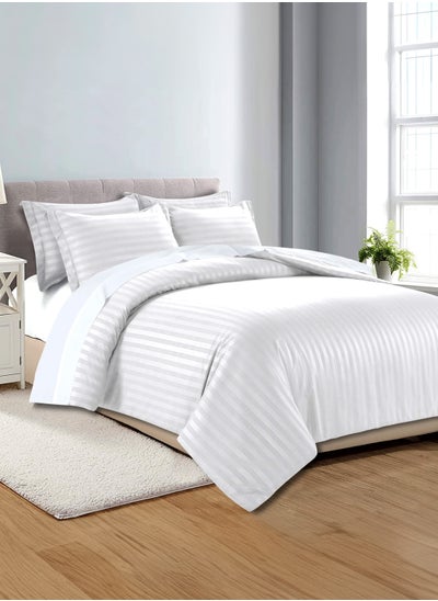 Buy 4-Piece King Size Duvet Cover Set With Stripes Includes 1xDuvet Cover, 1xFitted Sheet, 2xPillowcase with Zipper Closure, White in UAE