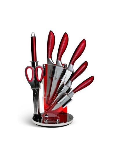 Buy EDENBERG Kitchen Knife Set | Professional Kitchen Knives, Shears & Rotary Stand | High Carbon Steel Blade Knife | Multipurpose Sharp Edge Cooking & Cutting Knives- 8 Pieces Set (Silver Red) in UAE