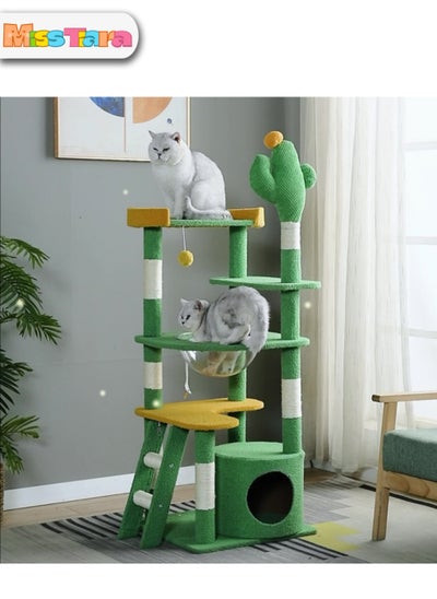 Buy Multi-level Cactus Cat Tree Large Cat Tower for Indoor Cats Multi-Level Cat Condo for Large Cats with Space Capsule Nest Sisal Covered Scratching Post With Ladder 143cm Green in UAE