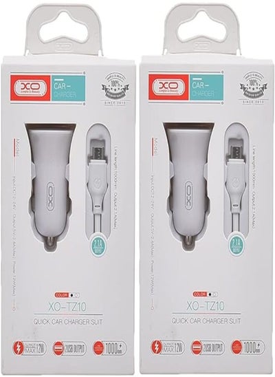 Buy Xo tz10 car charger suit and micro cable with 2.1a max 12w output and 2 usb output 1000mm set of 2 pieces - white in Egypt