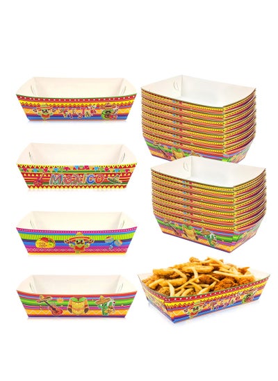 Buy 48 Pack Disposable Paper Food Trays, Mexican Fiesta Print Party Supplies Disposable Food Trays for Fiesta Mexican Birthday Carnivals Picnics Party Supplies, High Capacity Durable Boats in UAE