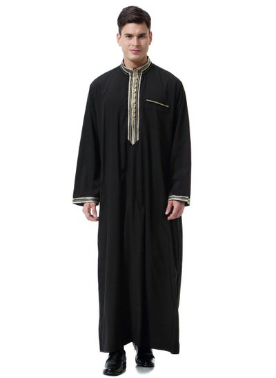 اشتري Mens Jacquard Stand Collar Concise Style Long Sleeve Abaya Robe Islamic Arabic Casual Kaftan Whith Pocket Black في الامارات