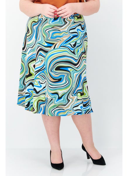 اشتري Women Plus Size Allover Print Midi Skirt, Blue Combo في الامارات