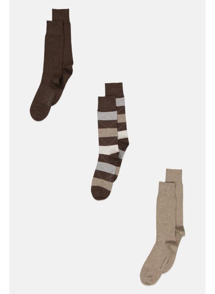 Buy Men 3 Pairs Stripe Socks, Brown/Khaki Combo in Saudi Arabia