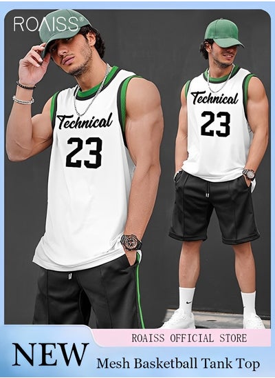 Buy Men's Sports Mesh Contrast Tank Top Comfortable And Breathable Round Neck Sleeveless Basketball Top Loose Fitting Quick Drying Printed Vest in Saudi Arabia