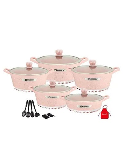 Buy 17-Pieces Granite Cookware Set Includes Casserole With Lid 24cm, Casserole With Lid 28cm, Casserole With Lid 32cm, Casserole With Lid 28cm, Shallow Casserole 7xCooking Tools Pink/Clear in UAE