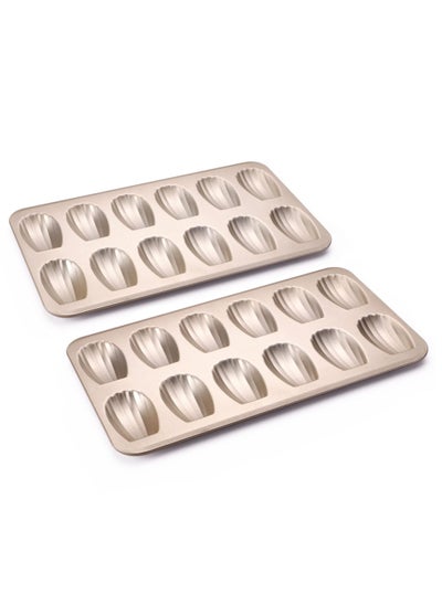 اشتري Nonstick Madeleine Pan 2 Pack 12-Cavity Heavy Duty Madeleine Cookies Trays for Oven Baking, Warp Resistant Shell Shape Madeleine Mold Cake Pan Champagne Gold في السعودية