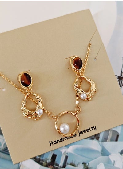 Buy Golden Jewelry Sets with Earrings Necklace,Fashion Elegant Earrings Necklace with Tiger Eye Stone Imitation Pearl for Women Ladies Girls Gift in UAE