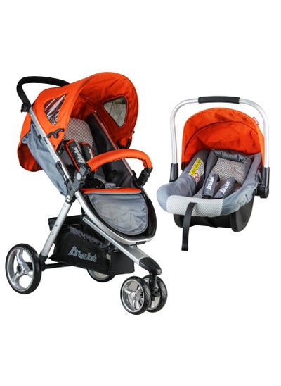 اشتري StarAndDaisy D.Bebe Stroller Travel System with Car Seat Carry Bed with Adjustable Backrest, Footrest and Canopy, PU Wheels with 360 Motion Front Wheel (Orange & Gray) في مصر