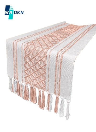 Buy Farmhouse Woven Striped Table Runner, Bohemian Design Handmade Fringed Tablecloth, Diamond Check Top Protector - Suitable for Decorating with Dining Table and Coffee Table (35x180cm) in Saudi Arabia