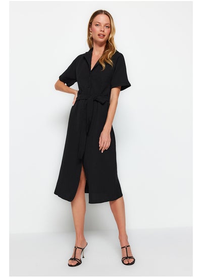 Buy Black Belted Midi Woven Shirt Linen Look Dress TWOSS23EL02400 in Egypt