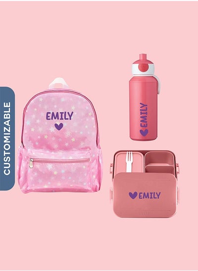 Buy 3-Pieces Backpack Set For Kids - Personalised Water Bottle With Personalised Lunch Box and School Bag in UAE