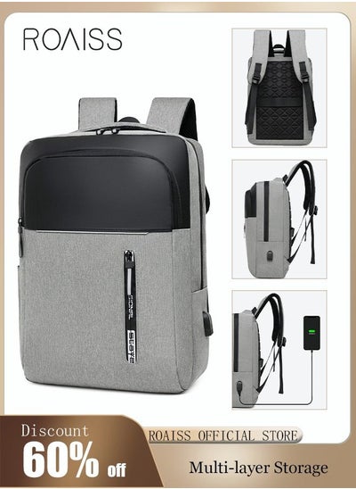 اشتري Multifunction Waterproof Backpack with USB Port Colorblock Waterproof Oxford School Bag for Men Work Travel Flight Business Commuter 15.6" Laptop Black/Grey في السعودية