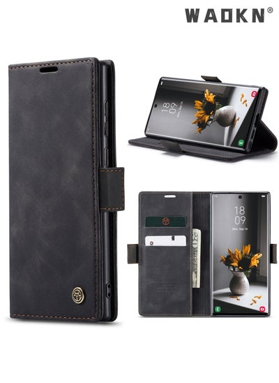 اشتري For Samsung Galaxy S23 Ultra Case, Luxury Leather Wallet Cover, Leather Wallet Case Classic Design with Card Slot and Magnetic Flip Flip Folding Case Black في الامارات