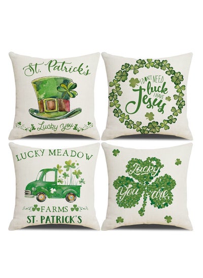 Buy Patricks Day Pillow Covers Green Shamrock Spring Home Decor Cotton Linen Throw Pillow Case Cushion Cover 18" X 18" Set of 4 Happy St Patricks Day Decorations in Saudi Arabia