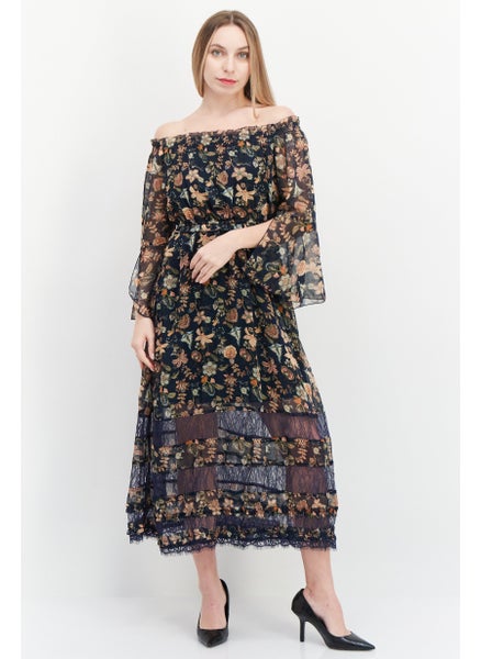 اشتري Women Floral Print Midi Dress, Navy Combo في الامارات