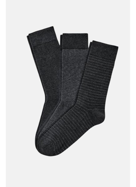 Buy Men 3 Pairs Stripe Socks, Dark Grey in UAE