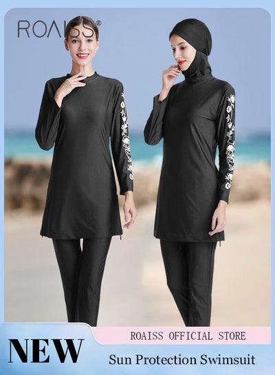 اشتري 3 Piece Women Conservative Colorblock Swimsuit Set Muslim Sun Protection Swimwear Swimming Trousers Cap Ladies Loose Beachwear Dress Arab Clothing في السعودية