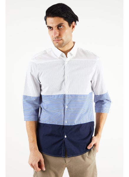 Buy Men Fitted Stripe Long Sleeve Casual Shirts, White/Blue in UAE