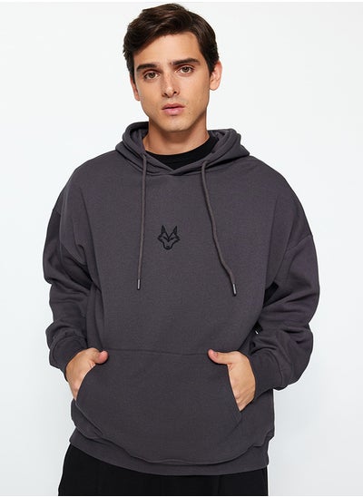 Buy Anthracite Regular/Normal Cut Hooded Sweatshirt with Fleece Inside and Wolf Embroidery TMNAW24SW00018 in Egypt