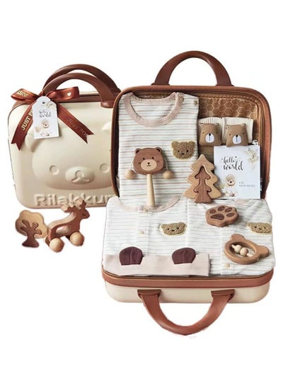 Buy ESSENTIALS 360 New Born Baby Set for Boys & Girls Soft Cotton Baby Clothes, Wooden Toys & Baby Items Premium Baby Shower Gift for Newborns (0-3 Months) in Bear theme cute suitcase 14 in 1 in UAE