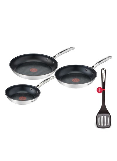 اشتري Tefal Duetto 3 Piece Frying Pan Set 20 24 and 28cm Non Stick Coating Built in Temperature Indicator Suitable for All Hob Types Including Induction Stainless Steel With Slotted Turner Spatula في الامارات