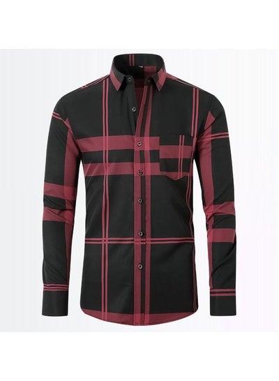 Buy Men's Stretch Shirt With Gold Stamping And Non Ironing Shirt Black And Red in Saudi Arabia