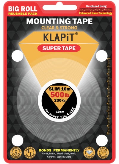 اشتري KLAPiT SUPER TAPE Double Sided Heavy Duty Mounting Tape Holds 500 Pounds or 230Kg Weight Using Enhanced Nano Technology. Clear Tape for Wall, Wood, Tile, Stone, Glass, Metal and Acrylic Slim 10m في الامارات