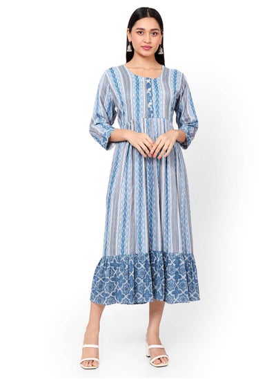 Buy STRIP PRINTED BLUE COLOUR SHORT FRONT STYLED BUTTONED  ARABIC KAFTAN JALABIYA DRESS in Saudi Arabia