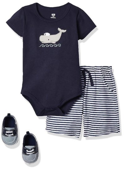 Buy Hudson Baby Unisex Baby Cotton Bodysuit, Shorts and Shoe Set, Sailor Whale, 9-12 Months in UAE