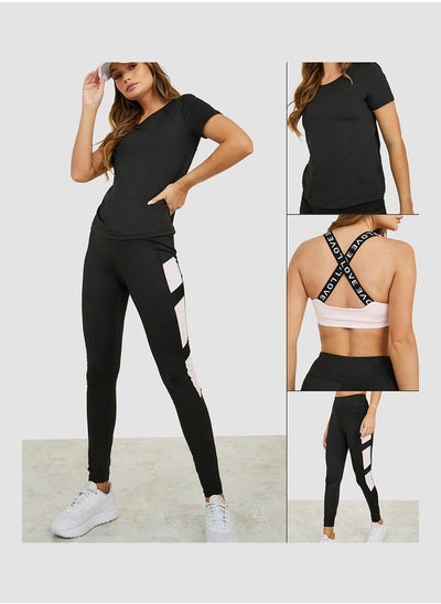 Buy Pack of 3 - Solid Top Slogan Print Strap Detail Sports Bra and Contrast Panel Active Legging Set in Saudi Arabia