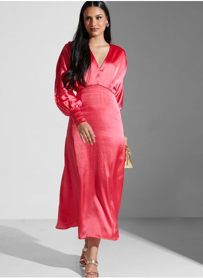 Buy Side Split Balloon Sleeve Button Detail Dress in UAE