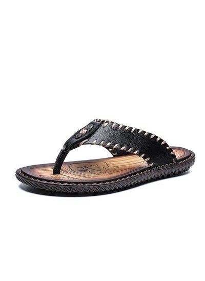 Buy Summer Mens Trendy Stitched Cowhide Flip Flops Outdoor Beach Slippers in Saudi Arabia