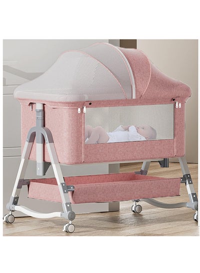 Buy Baby Bassinet, Adjustable Bedside Crib for 0-24 Months Newborn Baby, Rocking Bassinets Bedside Sleeper with With Mattress, Storage Basket & Mosquito Net, Pink in Saudi Arabia