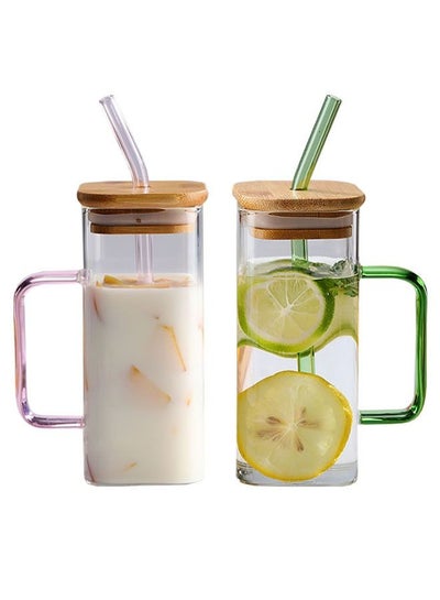 Buy 2-Piece Square Glasses with Handles Glacier Cup Drinking Cup Cold Drink Coffee Cup with Straw in UAE