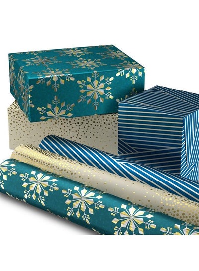 Buy Holographic Holiday Wrapping Paper With Cut Lines On Reverse (3 Rolls: 80 Sq. Ft. Ttl) Winter Glow: Navy Blue Gold Holographic Snowflakes in Saudi Arabia