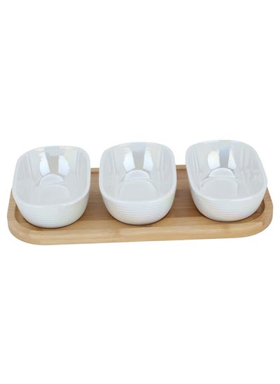 Buy Deep oval beige porcelain yogurt set with wooden plate, 3 pieces in Saudi Arabia