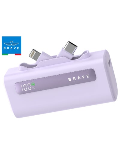 اشتري 5000mAh Ultra-Compact Power Bank, 22.5W Fast Charging USB-C Portable Charger with Built-in Type-C & Lightning Connectors, LED Display, Compatible with iPhone 16/15/14/13/12 Series, Samsung Galaxy S24/S23/S22, iPad, AirPods Pro, and Other Android Devices (Purple) في الامارات