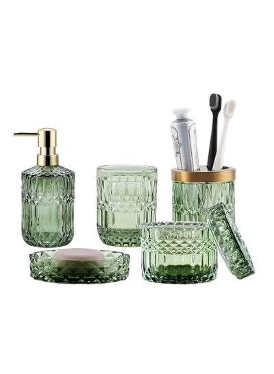 Buy 5 Piece Green Glass Bathroom Set, Lotion Dispenser, Soap Dish, Toothbrush Holder, Water Glass, Cotton Swab Bottle, Green in UAE