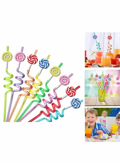 Buy Reusable Straws Plastic, 8Pcs Reusable Ice Cream Straws, Drinking Straws for Birthday Party Decorations, Ice Cream Theme Party Cute Curved Straw for Hawaiian Summer Beach Party Supplies (Lollipops) in UAE