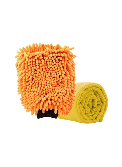 Buy Microfiber Wash and Dry Pack 2in1 Noodle Wash Mitt 2 Pcs Car Wash Kit Microfiber Towel/Glove Mitt - KENT - YELLOW and ORANGE in Saudi Arabia