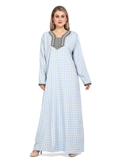 Buy ELEGANT FRONT EMBROIDERY WITH BEAUTIFUL CHECK PRINTED STYLISH CASUAL ARABIC KAFTAN JALABIYA DRESS in UAE