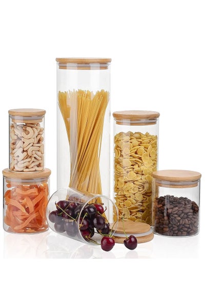 Buy 6 Pcs Food Storage Container with Airtight Bamboo Lid Set, Clear Glass Canister Food Jar with Sealing Lid Kitchen Pantry Storage Container for Sugar Flour Cereal Pasta Snack Coffee Beans in UAE