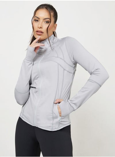 Buy Zip Slit Pockets Overlay Flap Back Detail Thumbhole Active Jacket in Saudi Arabia