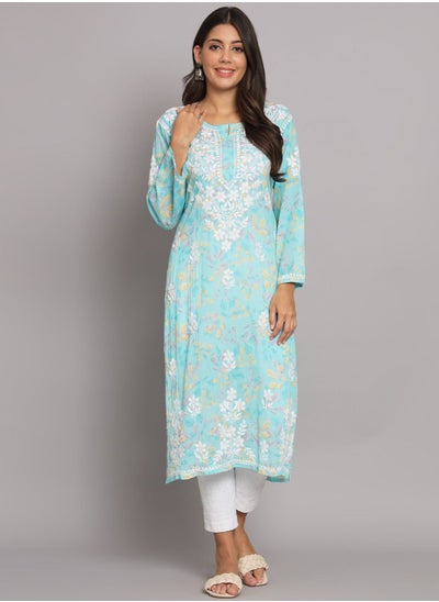 اشتري Hand Embroidered Chikan Printed Mulmul Straight Kurta-AL3680 في الامارات